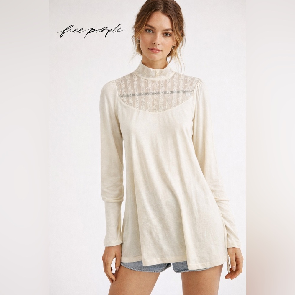 Free People Cream Lace Yoke Tunic Top Medium Mock Neck Boho Romantic